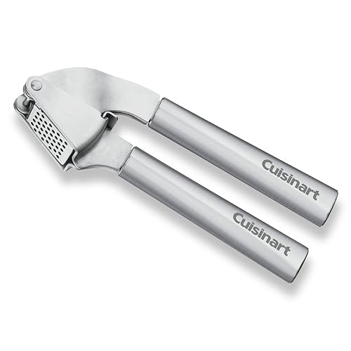 Cuisinart garlic press shows nylon head, heat-resistant up to 400°F for nonstick pans.