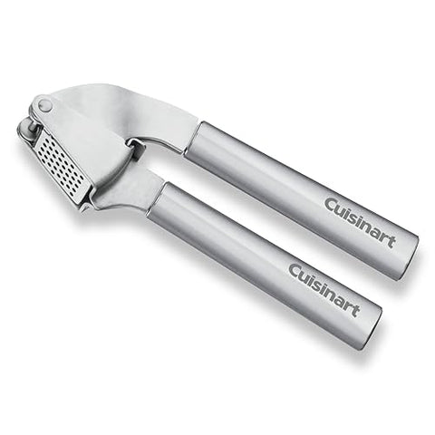 Cuisinart garlic press shows nylon head, heat-resistant up to 400°F for nonstick pans.