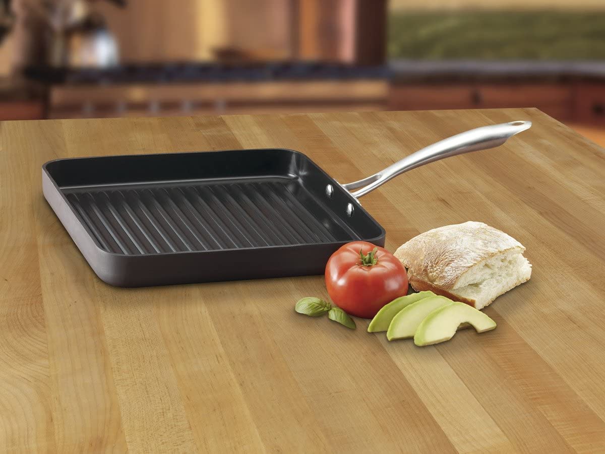 Cuisinart GreenGourmet grill pan handle close-up showcasing stay-cool stainless steel