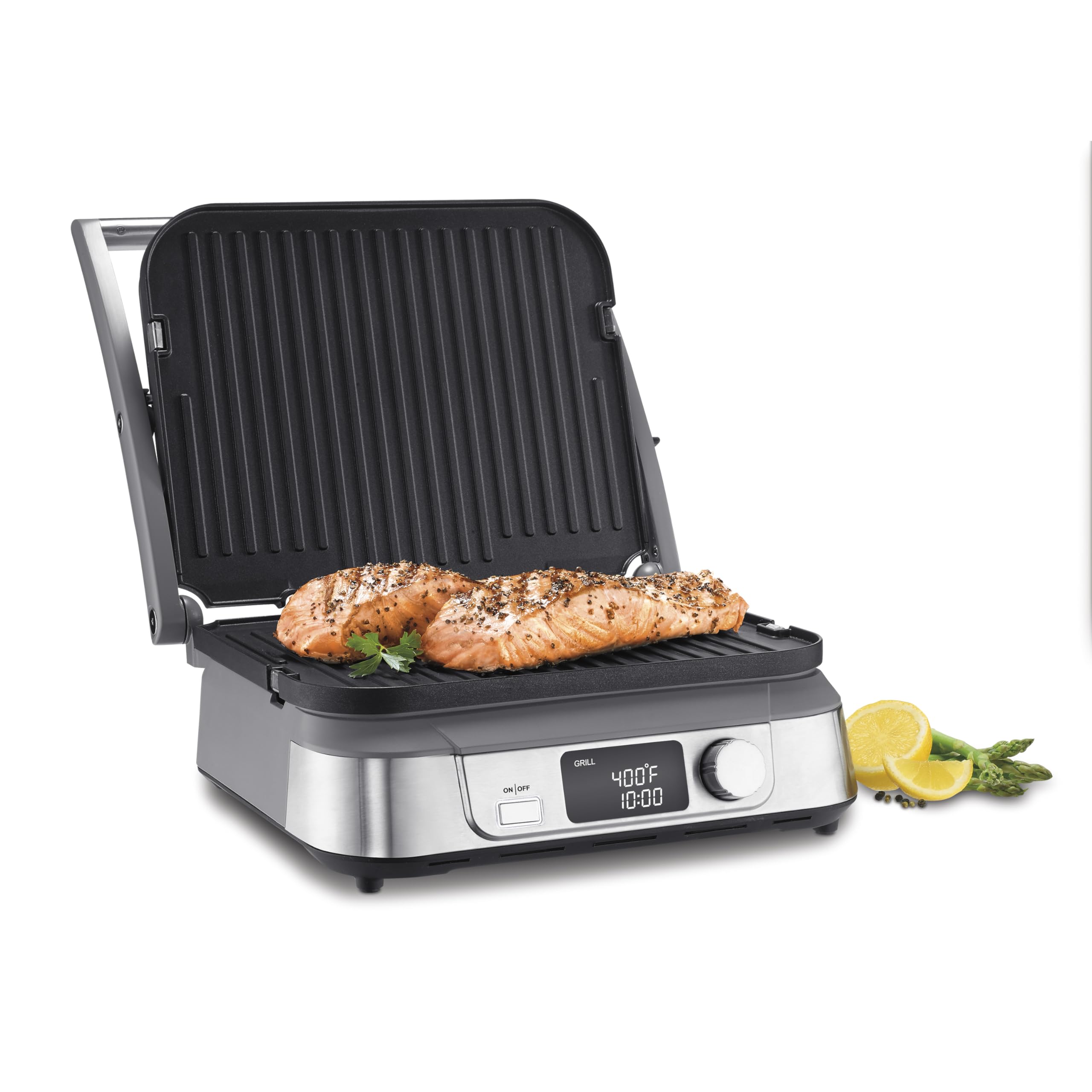Cuisinart Griddler FIVE LCD display guides precise cooking and timing.
