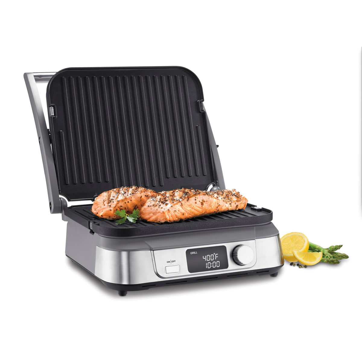 Cuisinart Griddler FIVE LCD display guides precise cooking and timing.