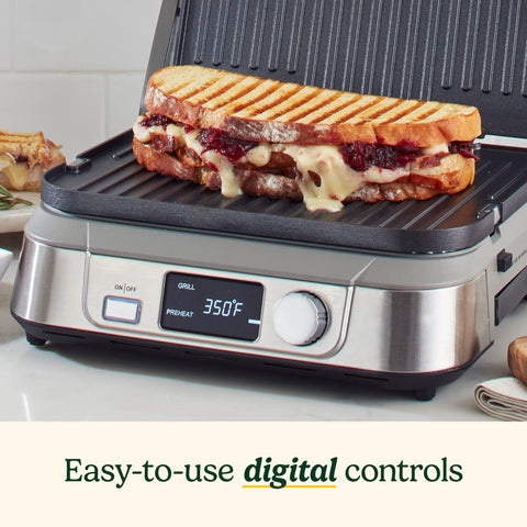 Cuisinart Griddler FIVE reversible plates switch grill and griddle surfaces quickly.