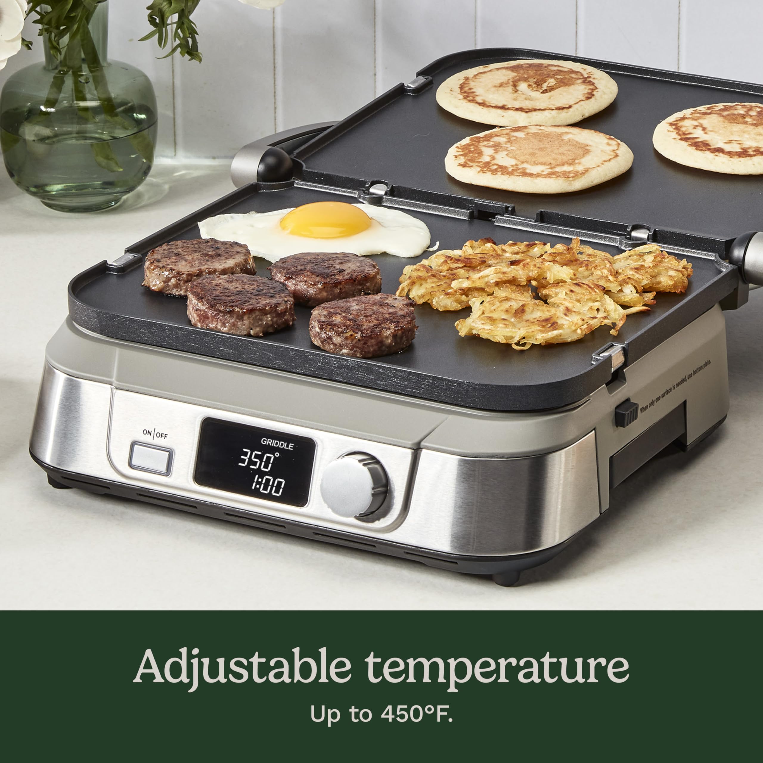 Cuisinart Griddler FIVE sear function browns proteins evenly for flavor.