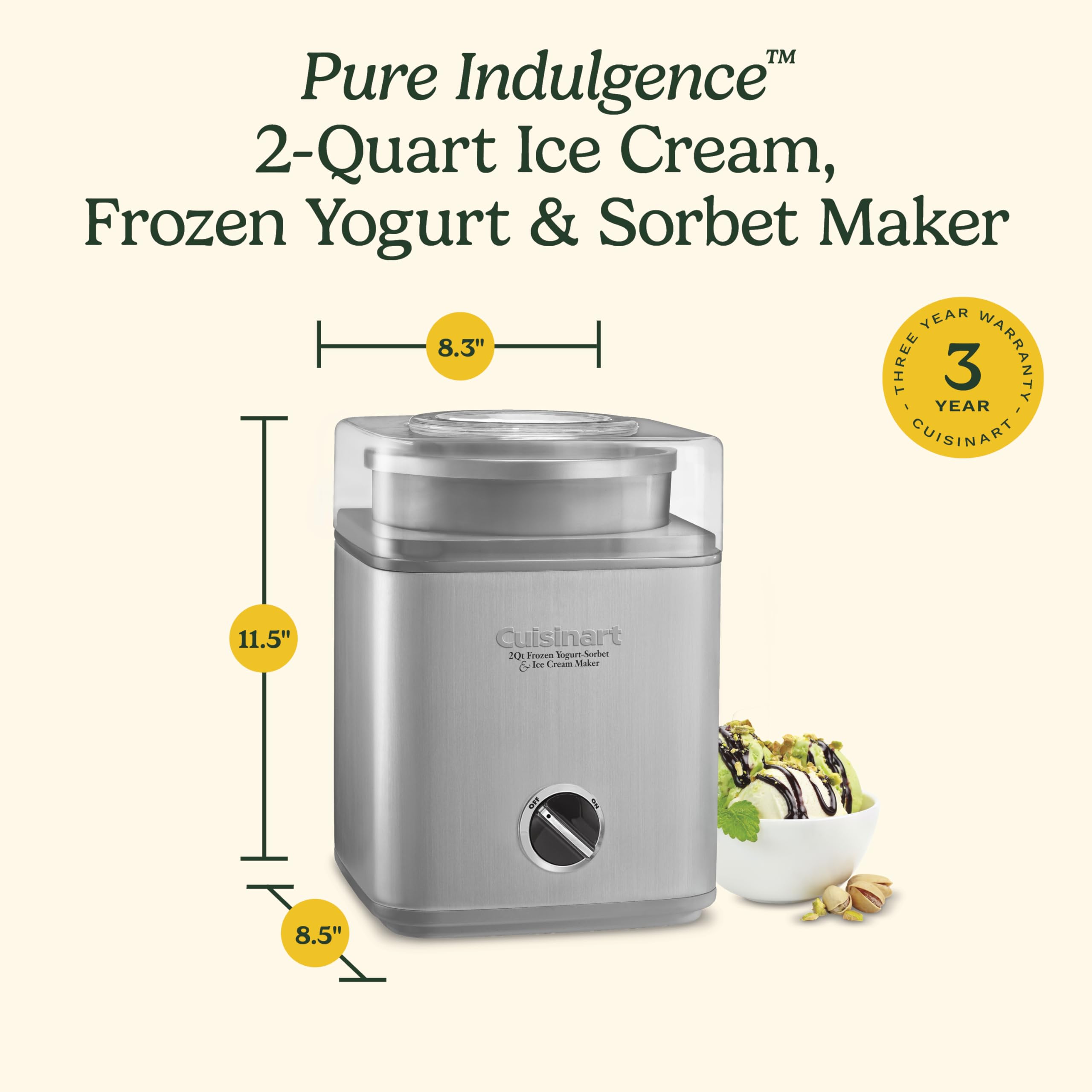 Cuisinart ICE30BCP1 2-quart capacity lets you craft frozen desserts in minutes.