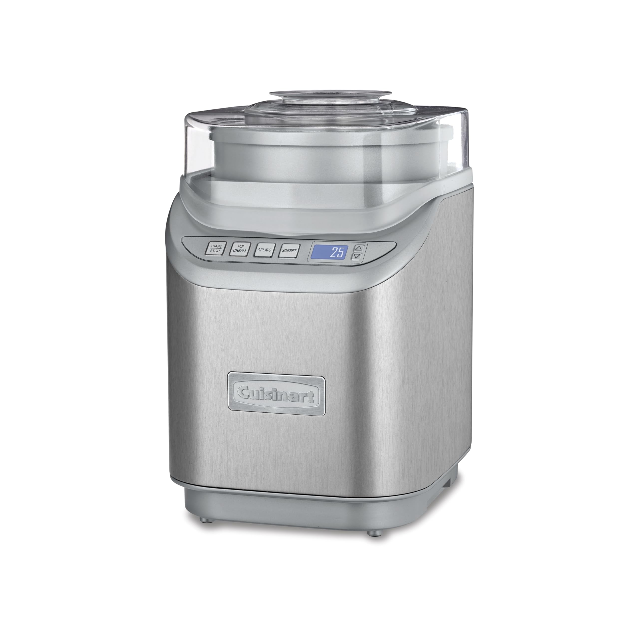 Cuisinart ice cream maker front view in brushed stainless steel for stylish kitchen prep.