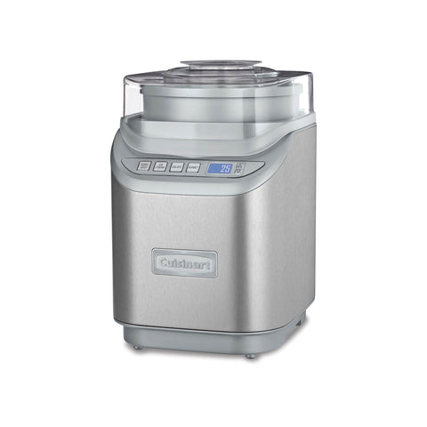 Cuisinart ice cream maker front view in brushed stainless steel for stylish kitchen prep.