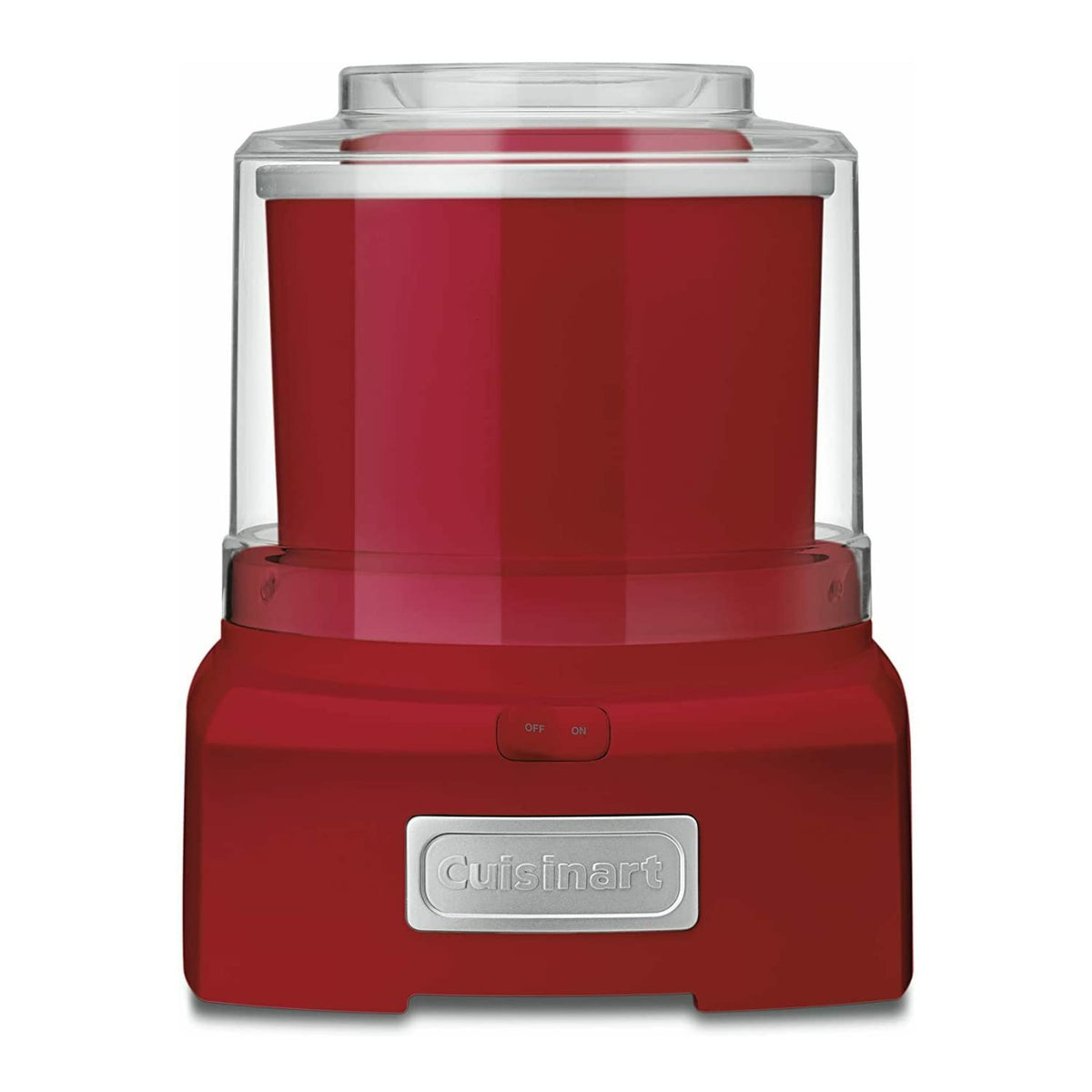 Cuisinart ice cream maker front view in red, ready for quick frozen desserts