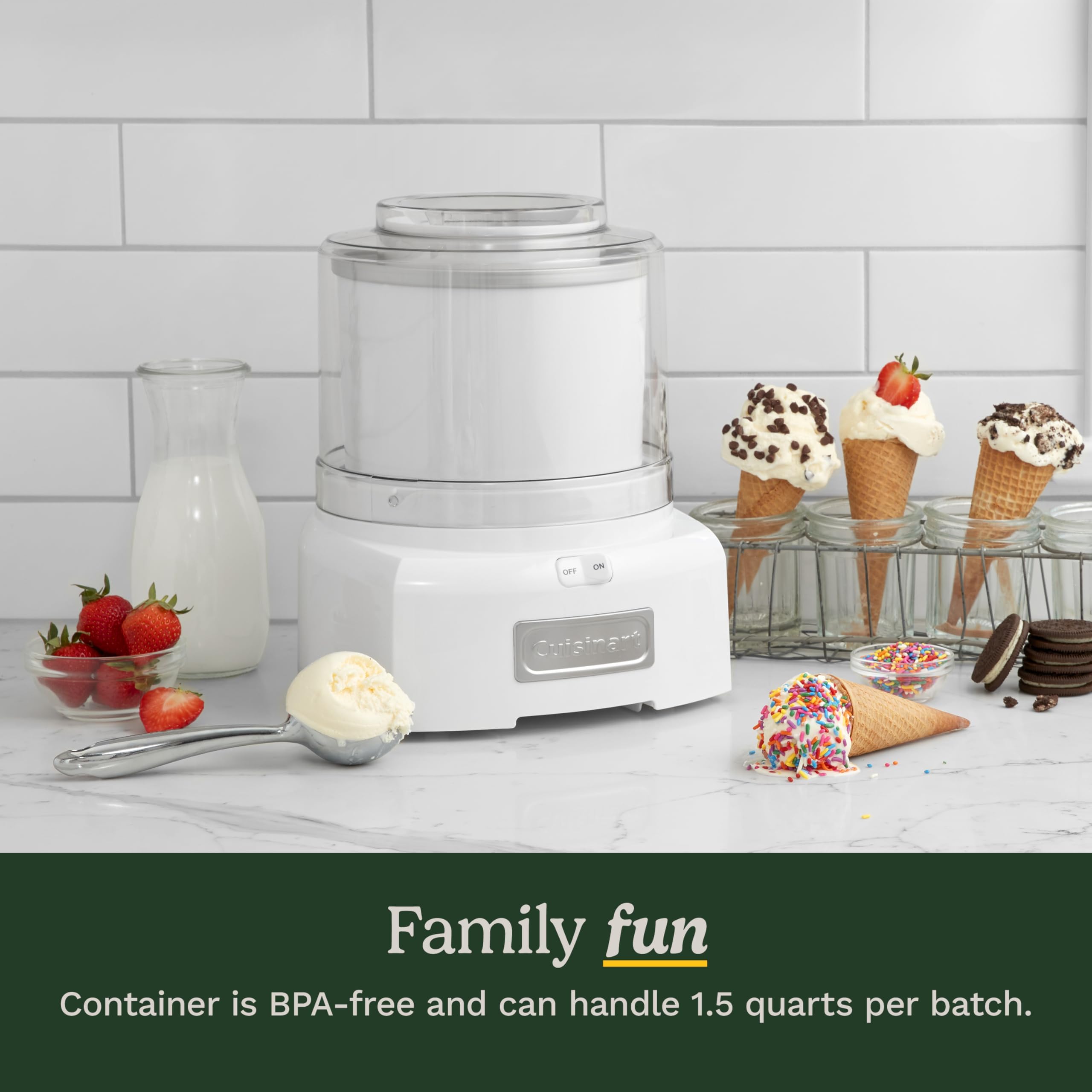Cuisinart ice cream maker ready in 20 minutes on the kitchen counter.