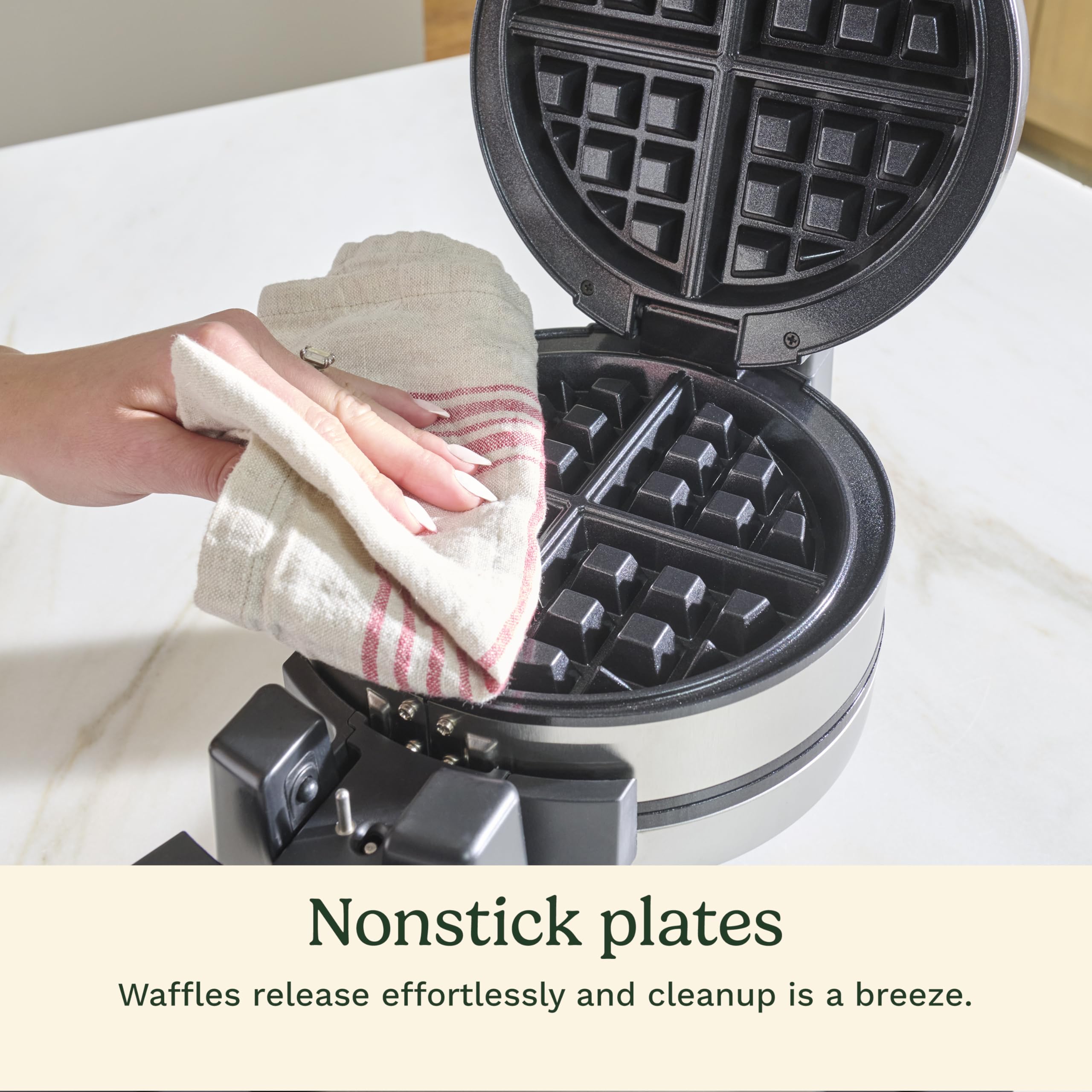 Cuisinart nonstick ceramic plates release waffles easily for quick breakfast cleanup.