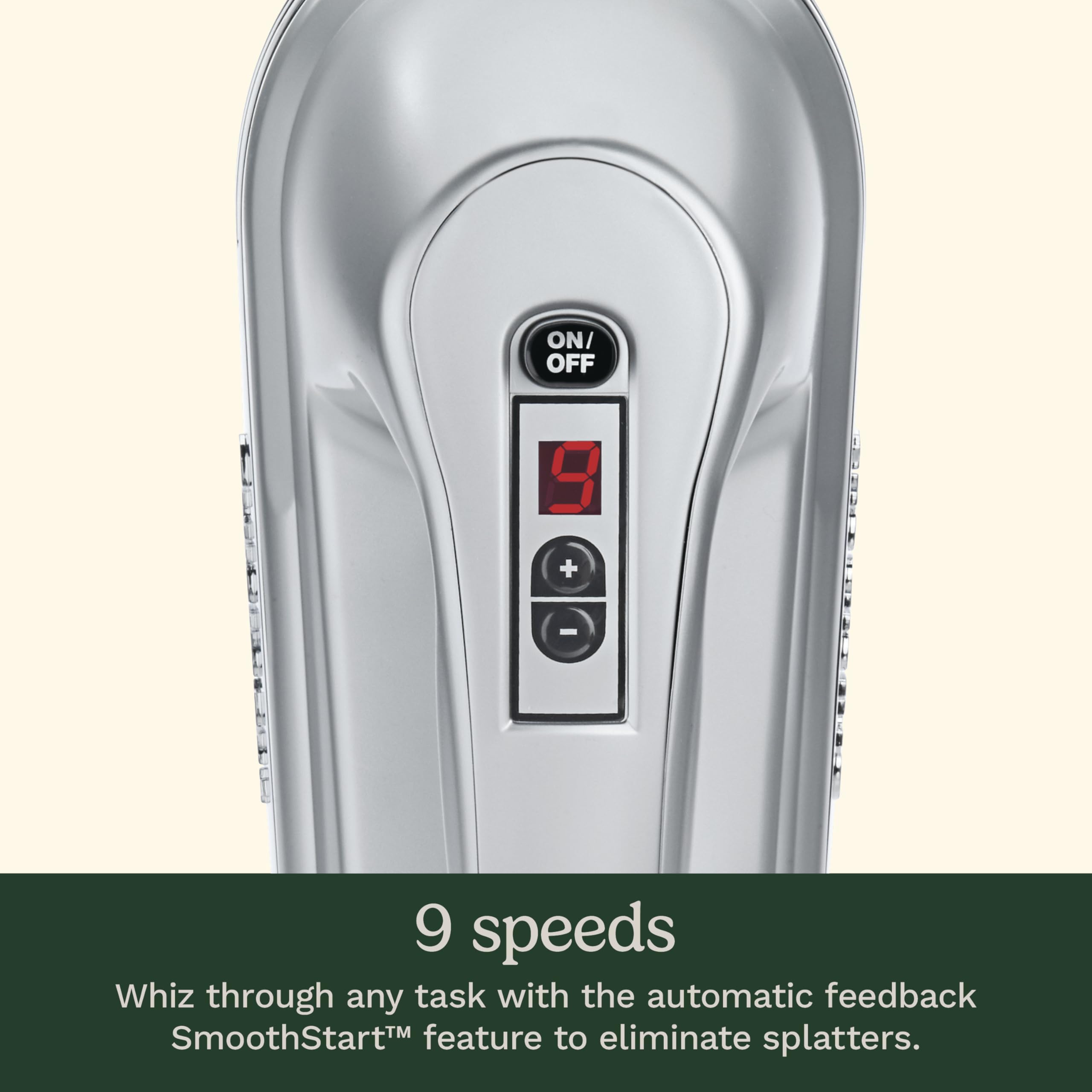 Cuisinart Power Advantage Plus SmoothStart dial shows gentle mixing to prevent splatter.