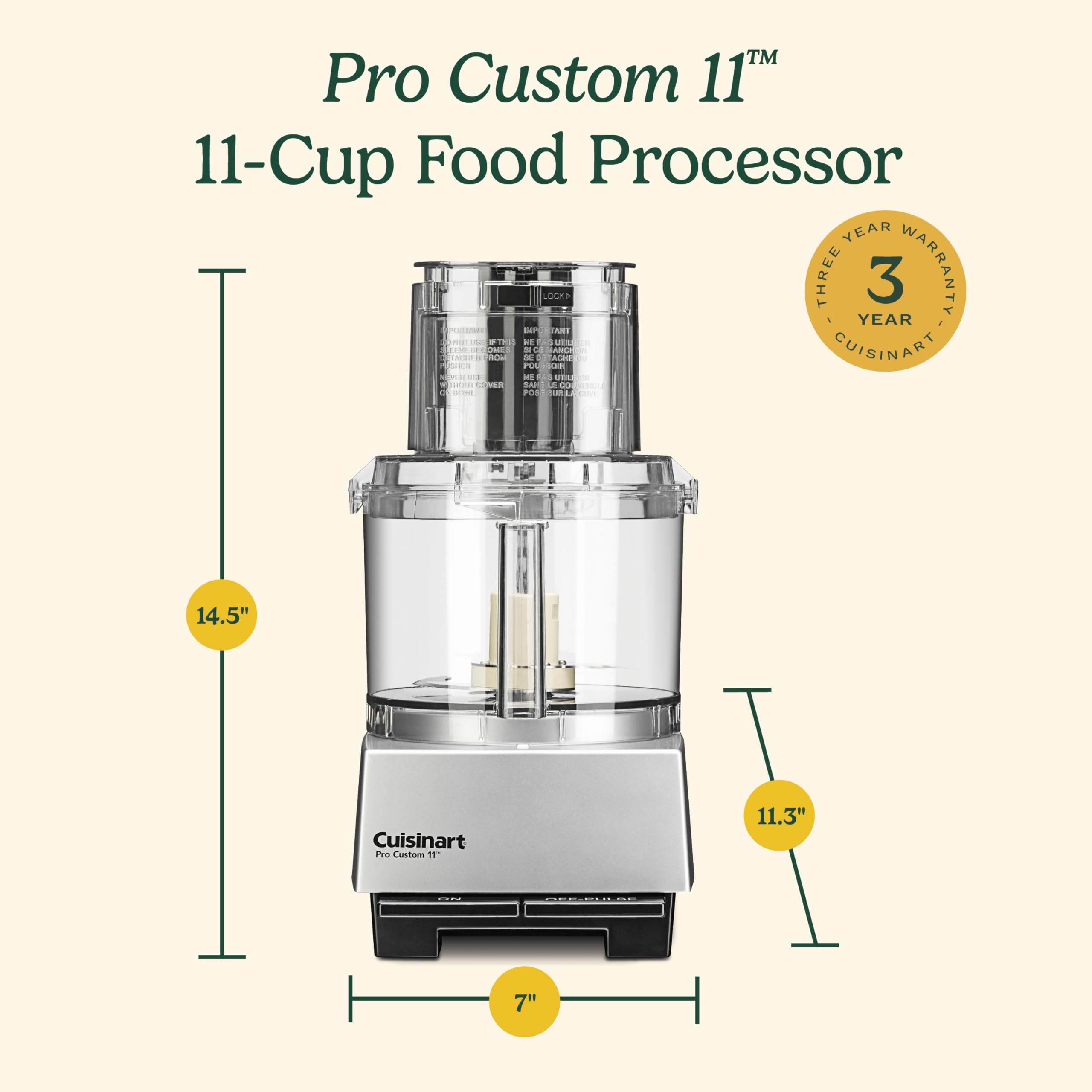Cuisinart Pro Custom 11-Cup brushed chrome exterior adds kitchen-ready style.