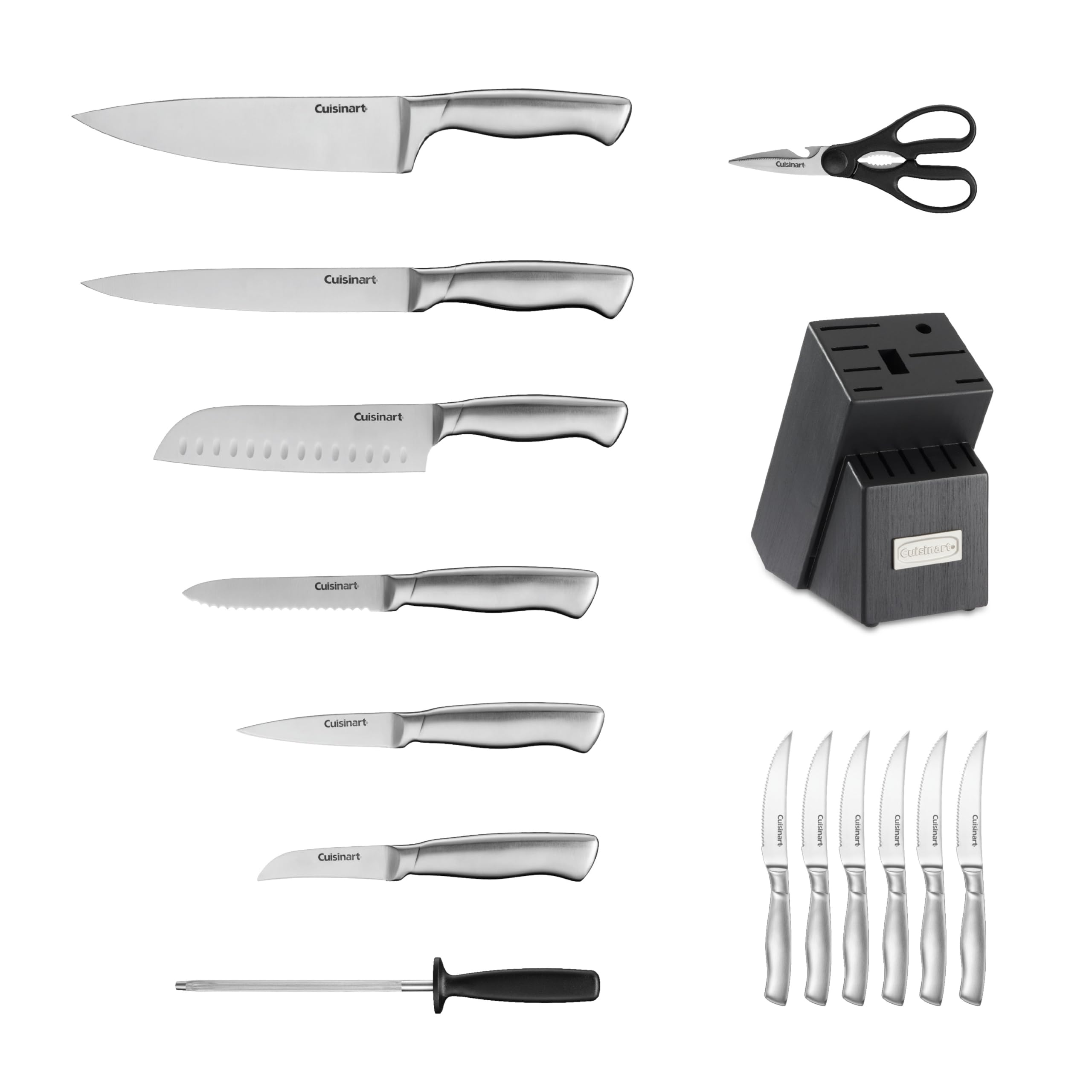 Cuisinart professional block knife set shows block and knives organized on countertop.