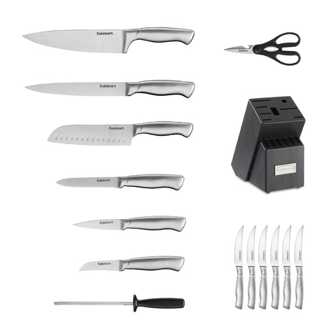 Cuisinart professional block knife set shows block and knives organized on countertop.
