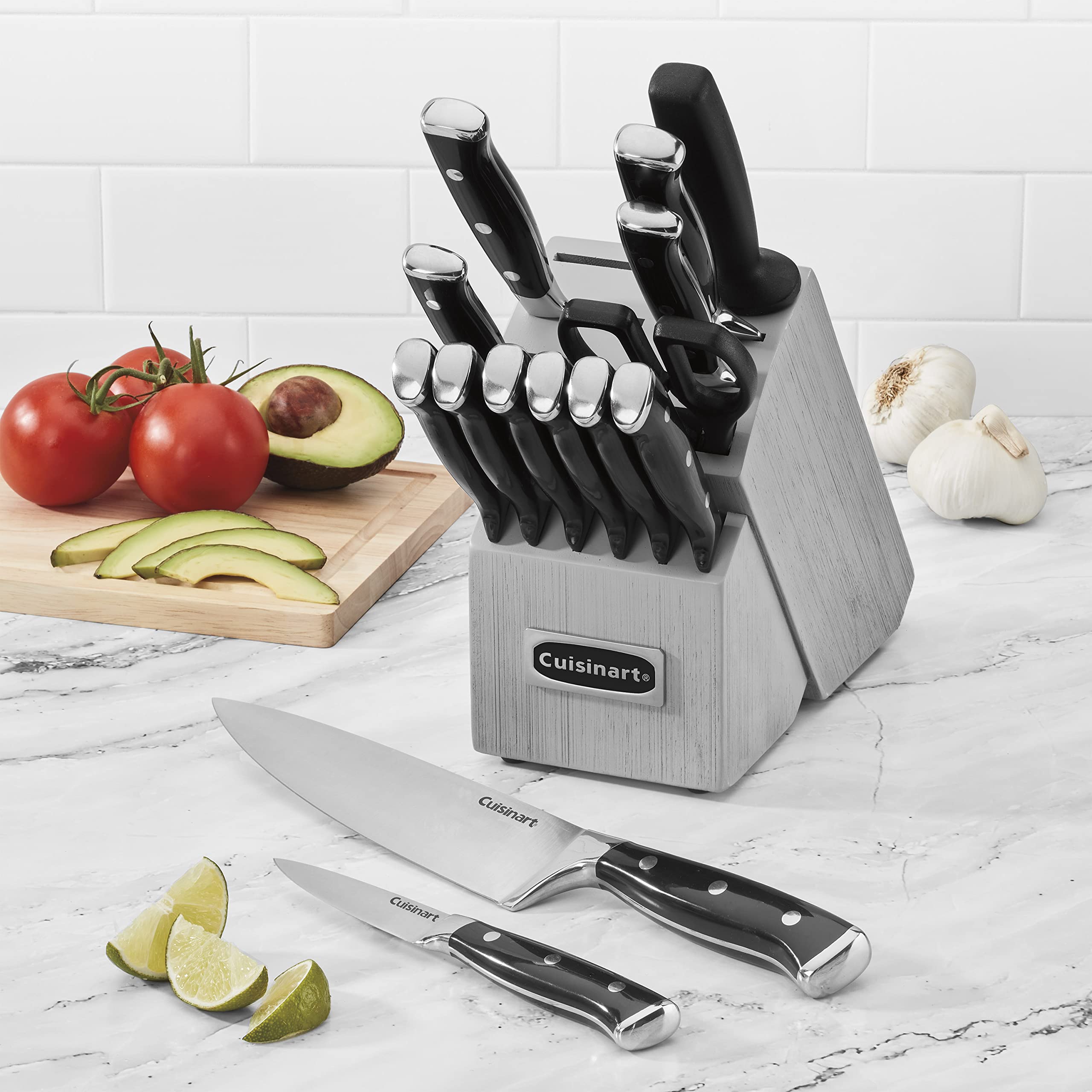 Cuisinart sharpening steel and kitchen shears in block demonstrate versatile maintenance tools.