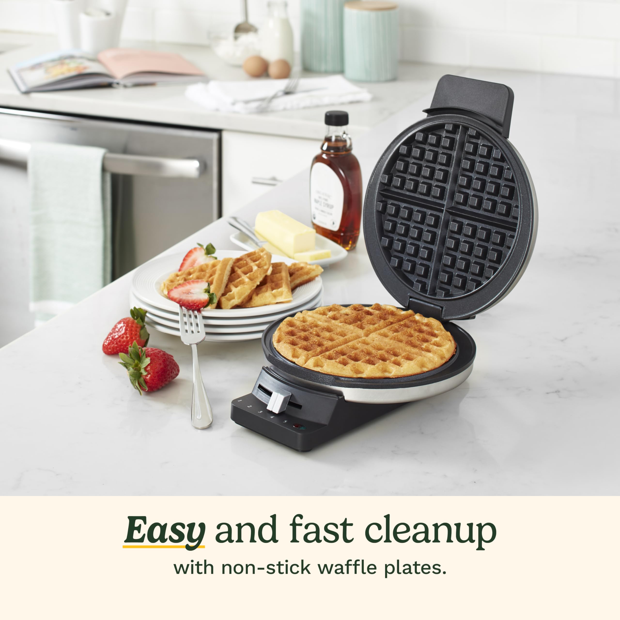 Cuisinart Waffle Maker showing five browning settings for customization.