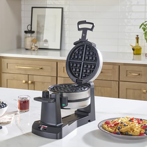 Cuisinart waffle maker with rotary flip showcases even browning on both sides.
