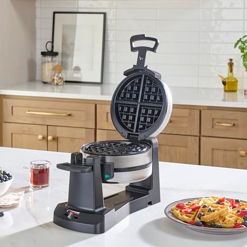 Cuisinart waffle maker with rotary flip showcases even browning on both sides.
