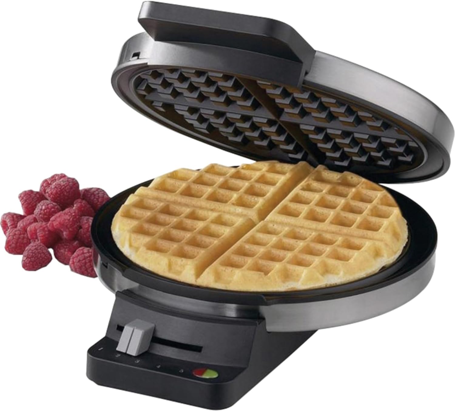 Cuisinart Waffle Maker round classic with brushed stainless finish ready for waffles.