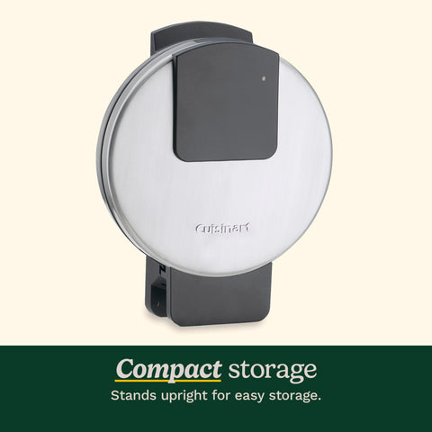 Cuisinart Waffle Maker stands upright for easy storage.
