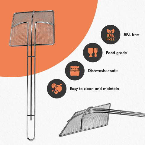 Cuisine Ready ergonomic handle strainer reduces strain during extended frying