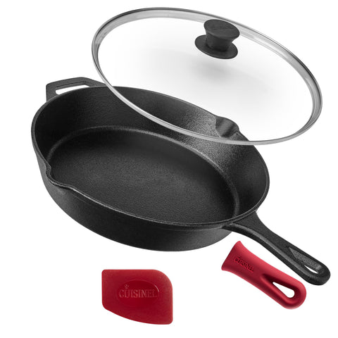 Cuisinel 12-inch cast iron skillet with lid for even heat distribution on grills and stoves
