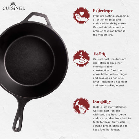 Cuisinel cast iron skillet with smooth finish for even heat across grill stove and induction