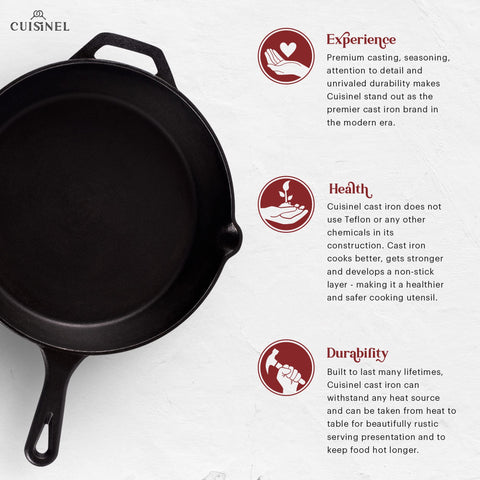 Cuisinel cast iron skillet with handle cover keeps hands safe during cooking