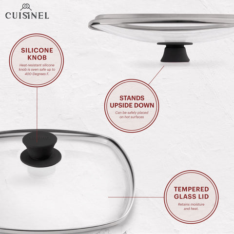 Cuisinel glass lid for square grill pan keeps moisture in and monitors cooking.