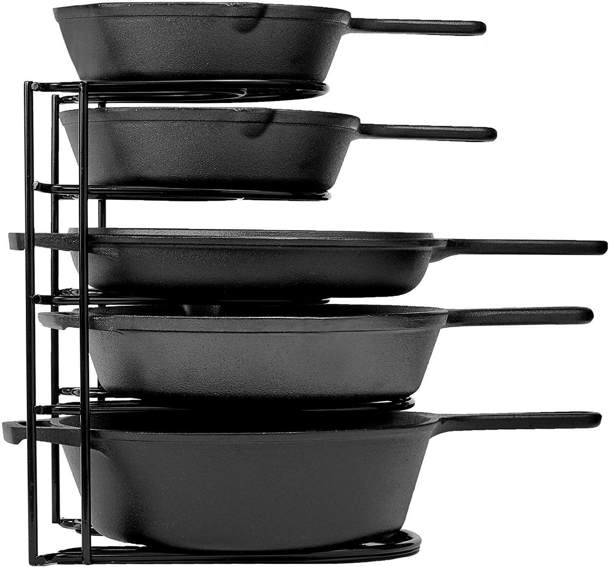 Cuisinel heavy-duty organizer rack with five tiers for cast iron pans.