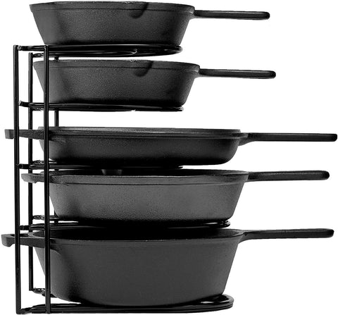 Cuisinel heavy-duty organizer rack with five tiers for cast iron pans.