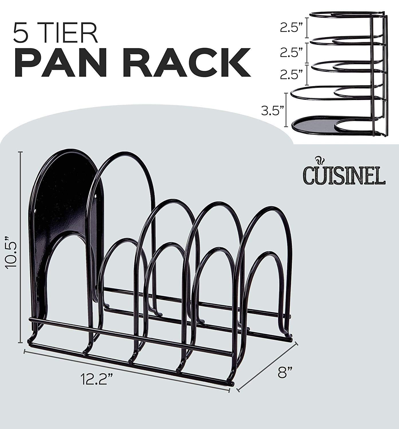 Cuisinel pan organizer rack shown in vertical/horizontal setup for space saving.