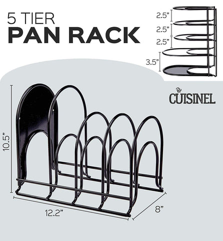 Cuisinel pan organizer rack shown in vertical/horizontal setup for space saving.