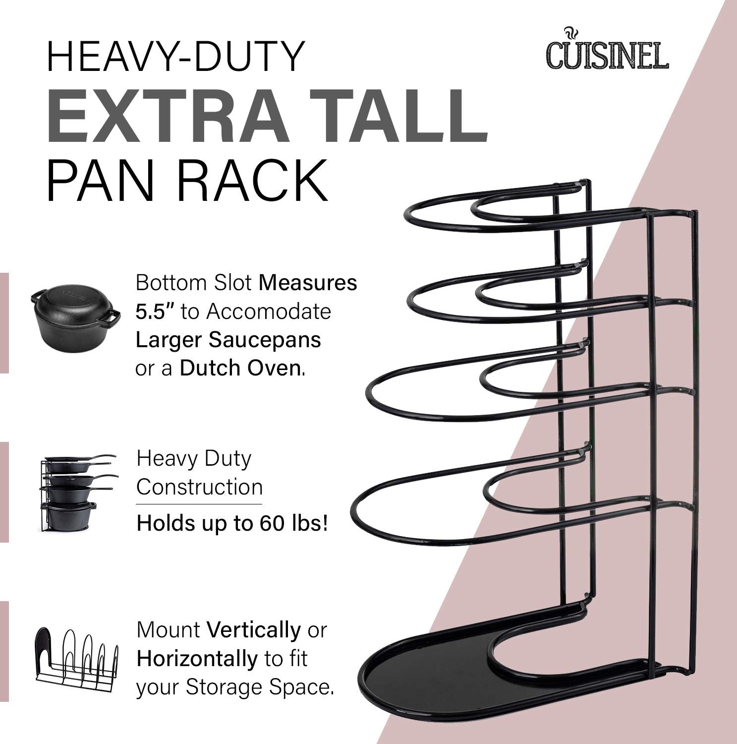 Cuisinel pan rack side view demonstrates vertical storage versatility for compact kitchens.