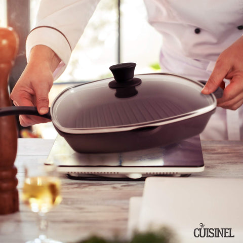Cuisinel ridged cast-iron surface promotes browning and even heat.