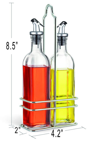 Wire caddy keeps the two glass bottles neatly organized on your counter.