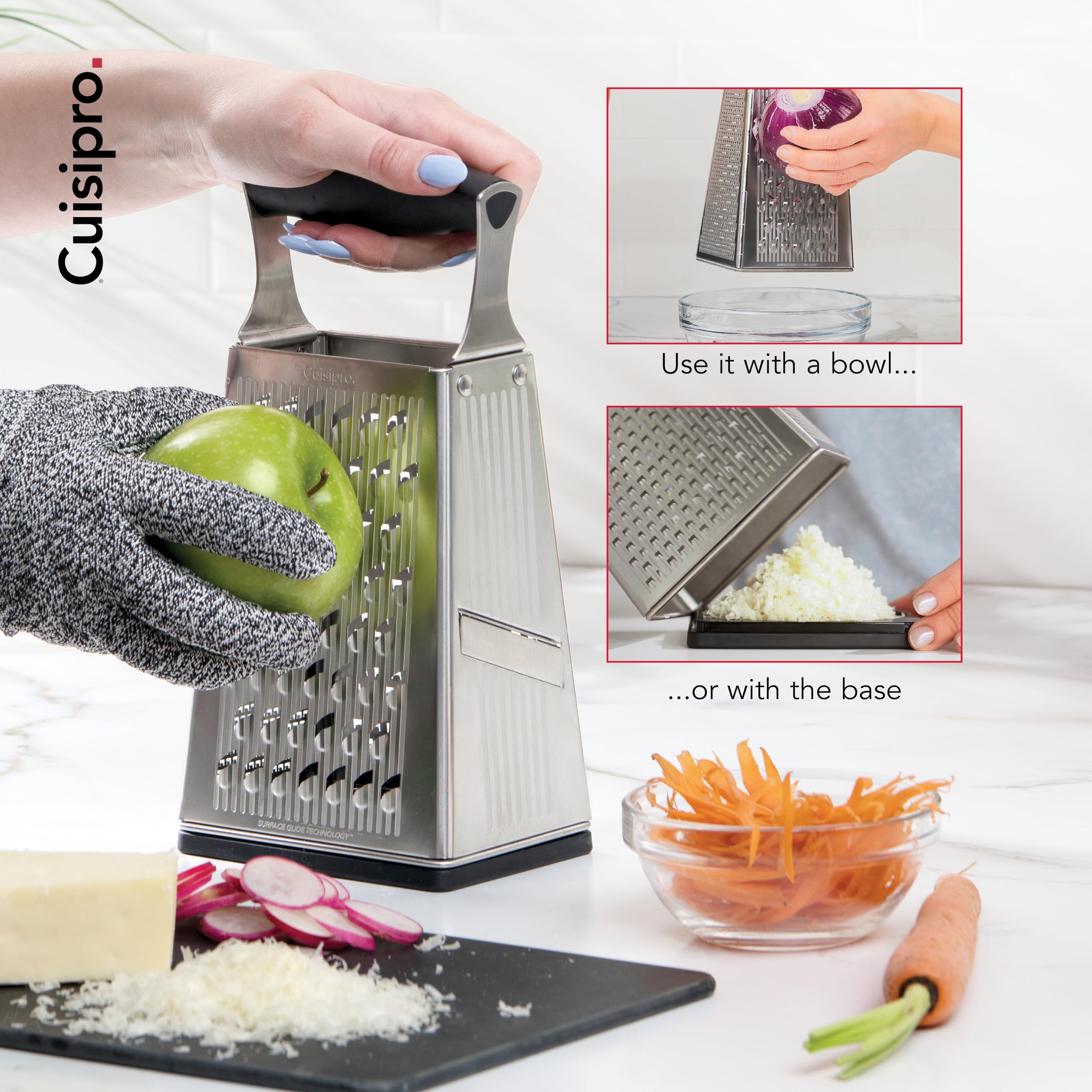 Cuisipro multi-purpose grater in use, shredding cheese and vegetables.