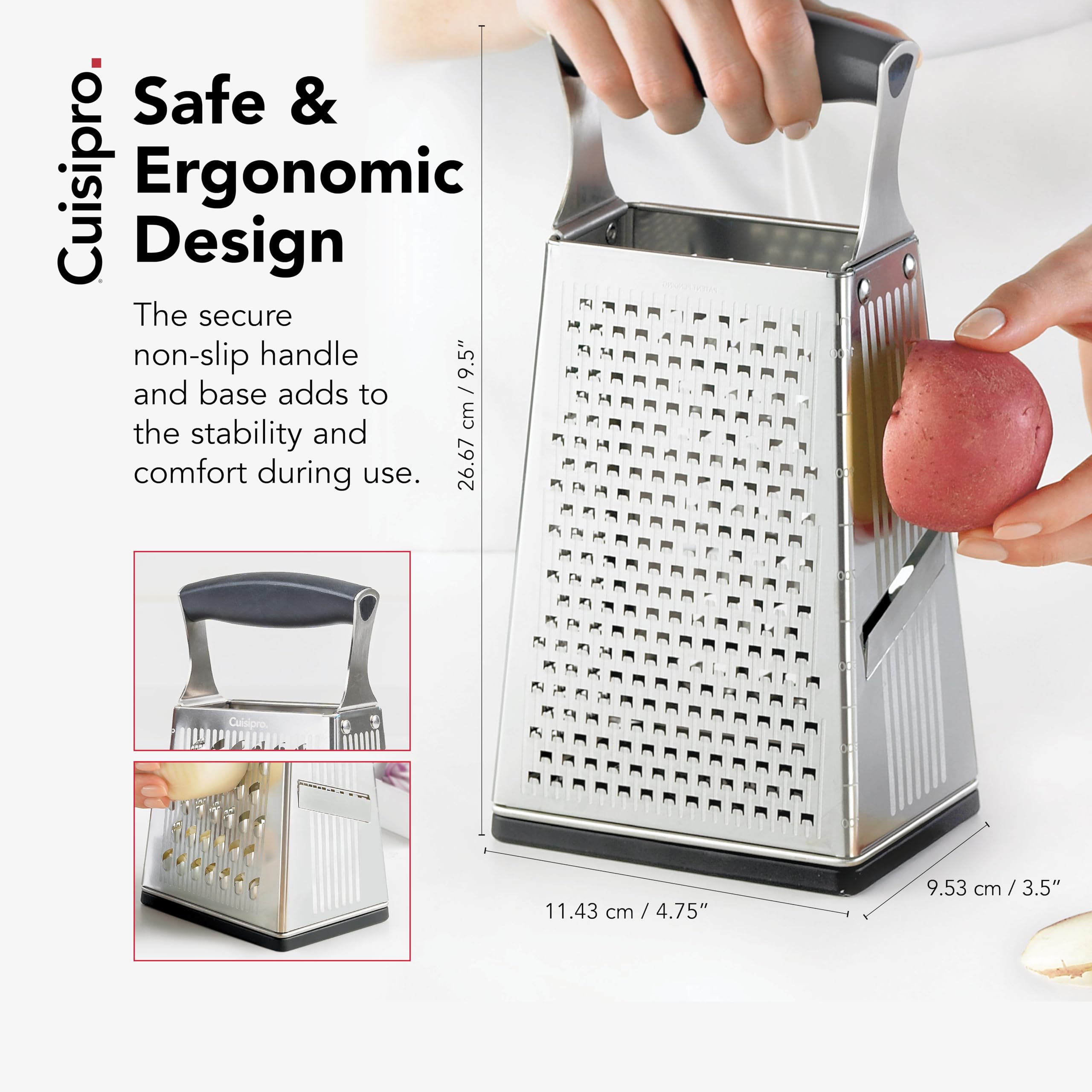 Cuisipro non-slip handle and base provide stability during grating tasks.