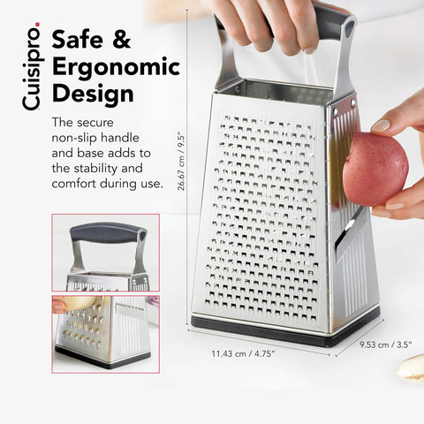 Cuisipro non-slip handle and base provide stability during grating tasks.