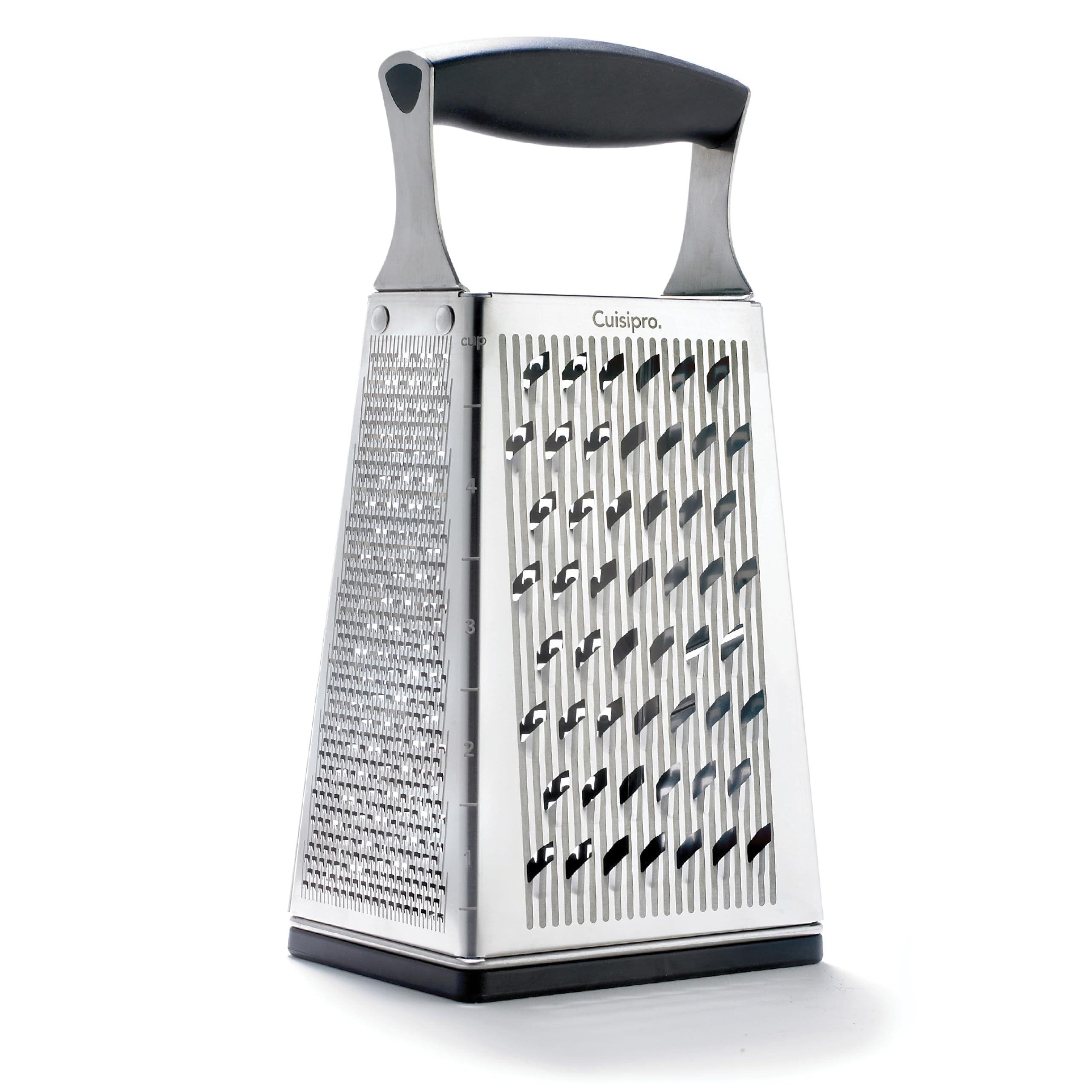 Cuisipro stainless steel 4-sided box grater with handle for effortless, versatile grating.