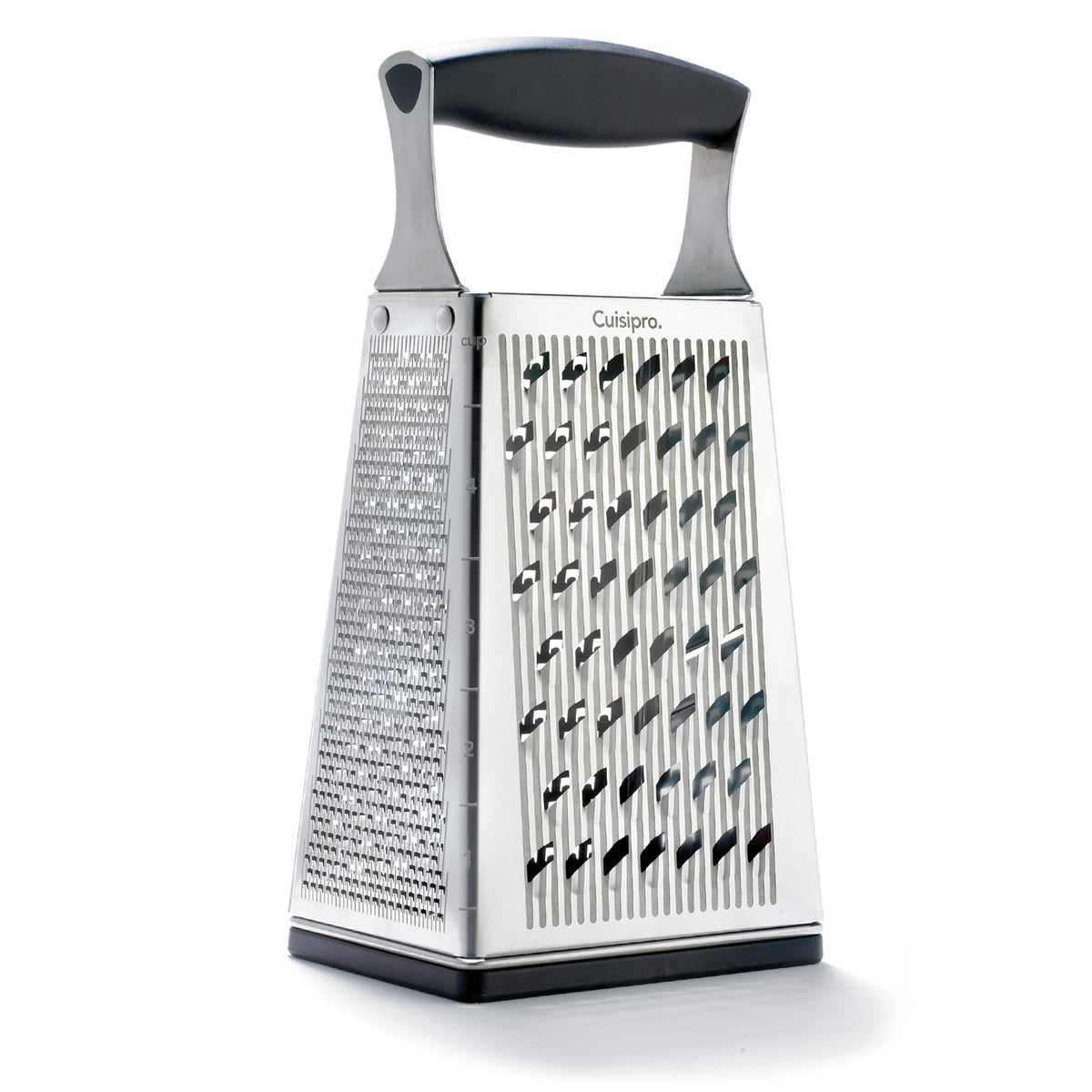 Cuisipro stainless steel 4-sided box grater with handle for effortless, versatile grating.