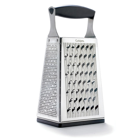 Cuisipro stainless steel 4-sided box grater with handle for effortless, versatile grating.
