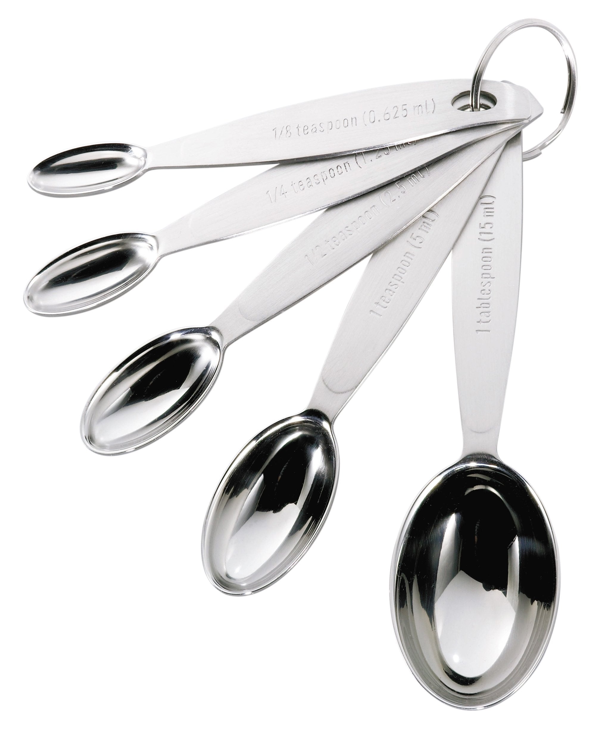 Cuisipro stainless steel measuring spoons with oval design fit into tight spice jars.