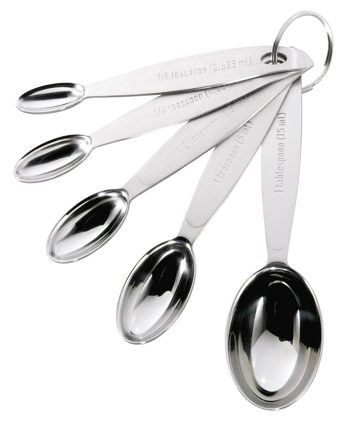 Cuisipro stainless steel measuring spoons with oval design fit into tight spice jars.