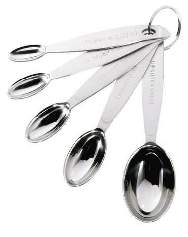 Cuisipro stainless steel measuring spoons with oval design fit into tight spice jars.