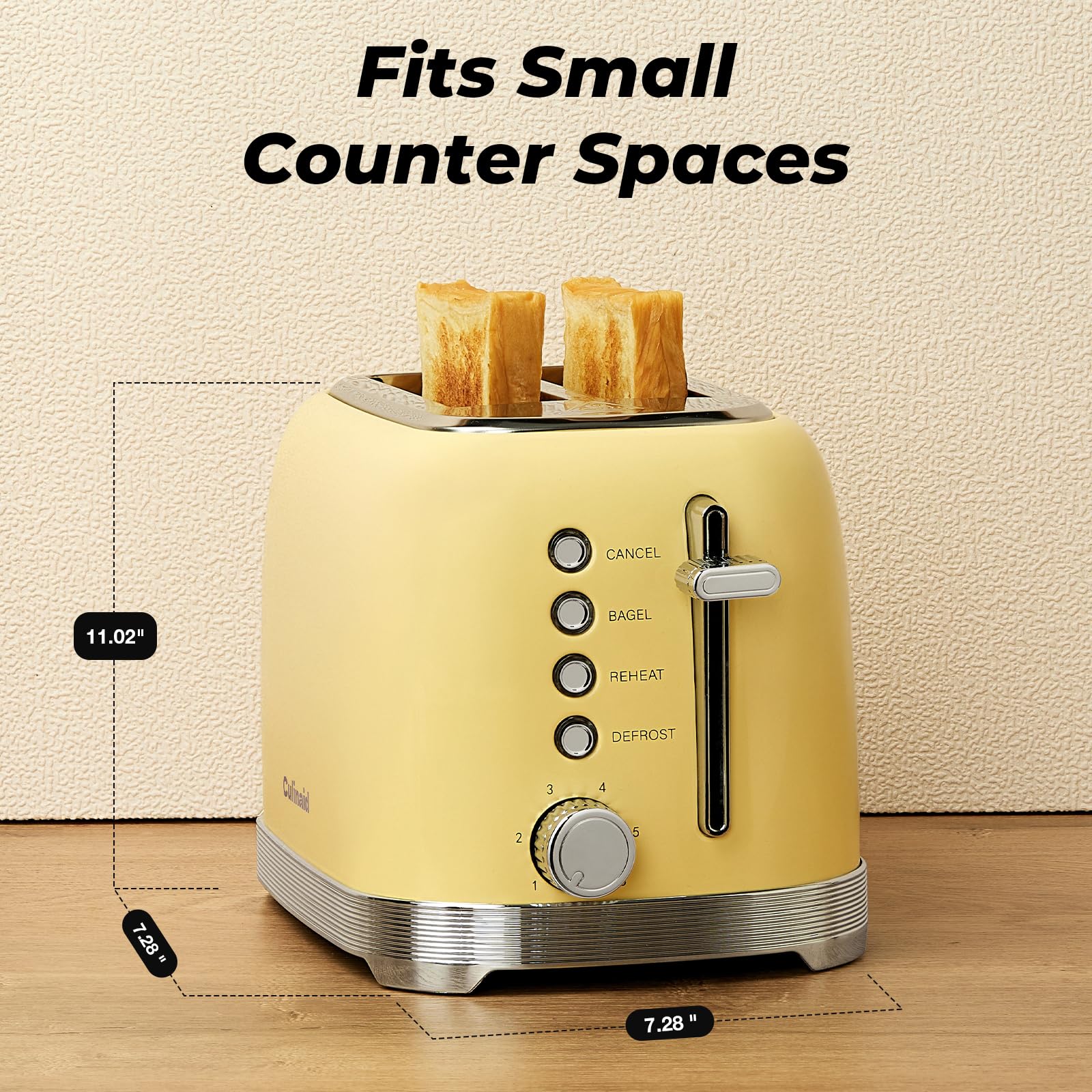Culinaid 2-slice toaster cord wrap storage keeps counters tidy.