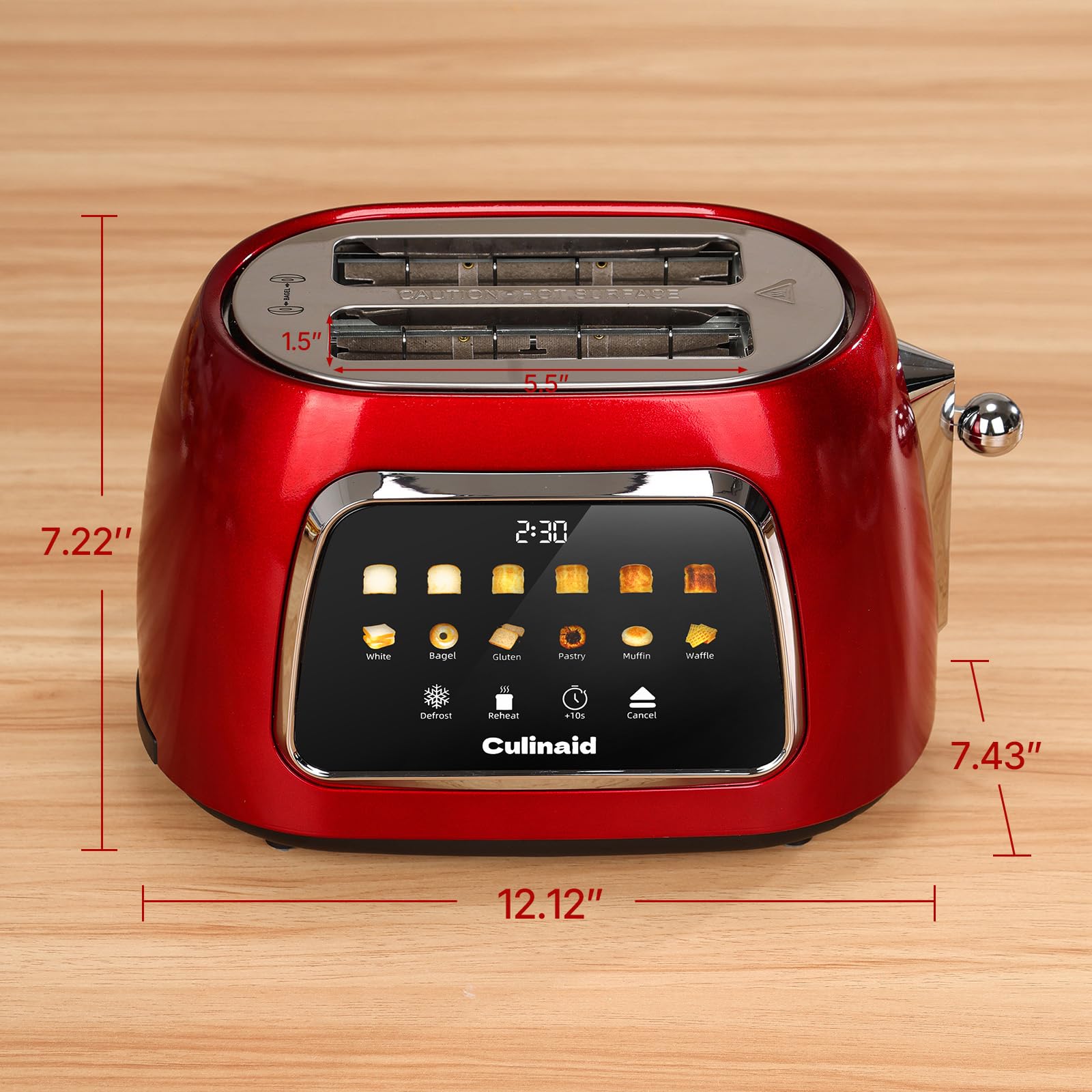 Culinaid toaster retro red finish adds style to countertops.