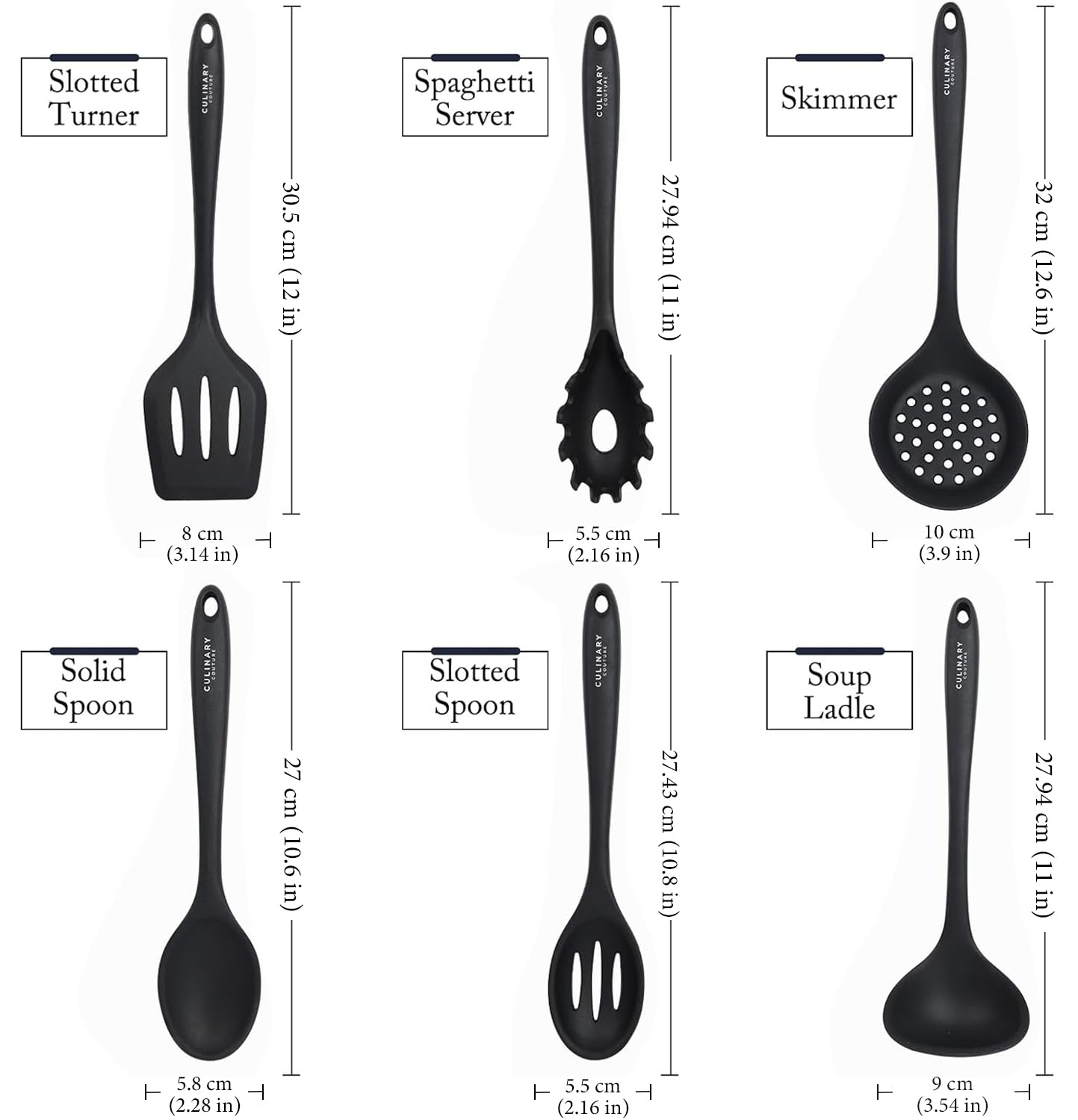 Culinary Couture black silicone drainer spoon for straining liquids without scratching