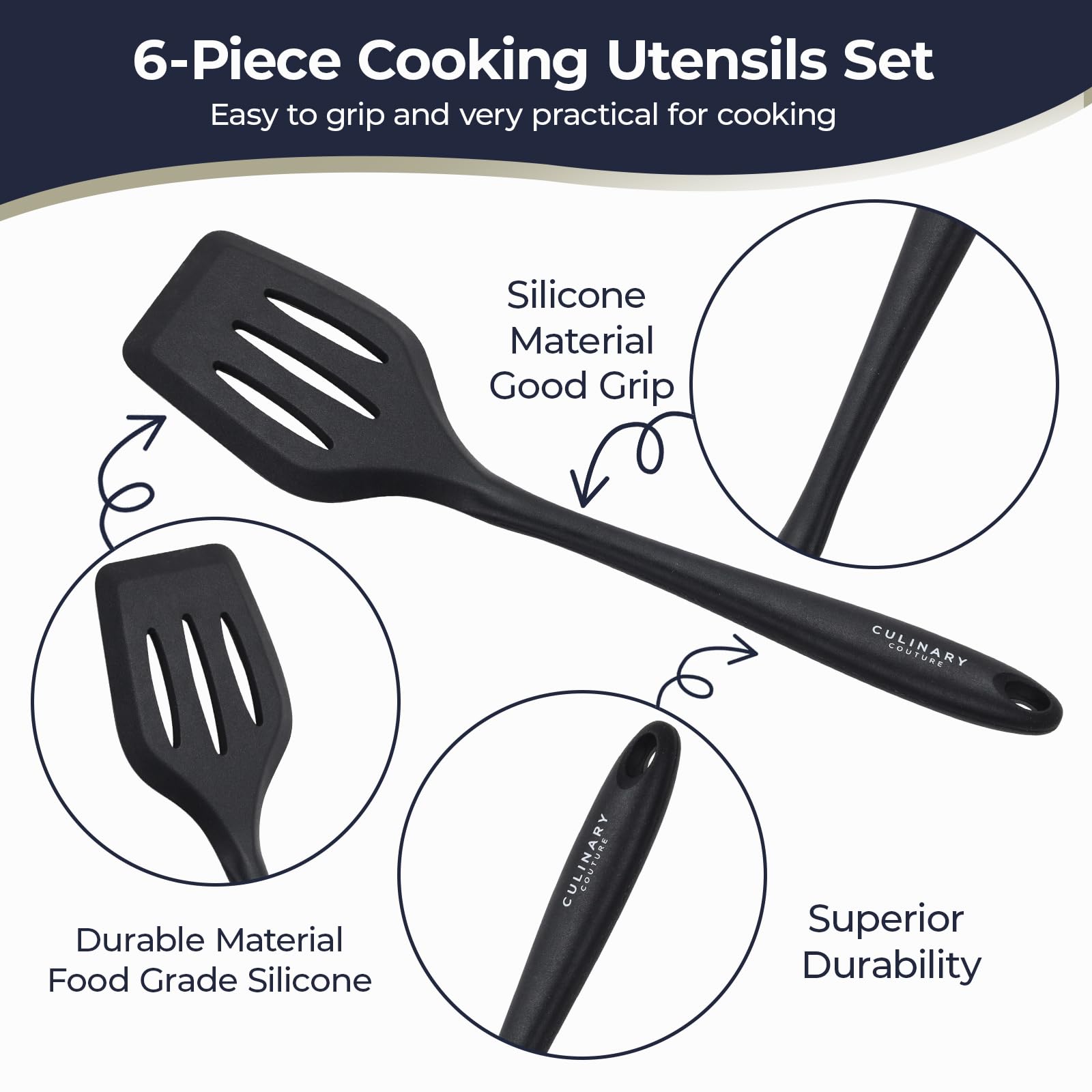 Culinary Couture black silicone slotted spoon reduces splatter and drains efficiently