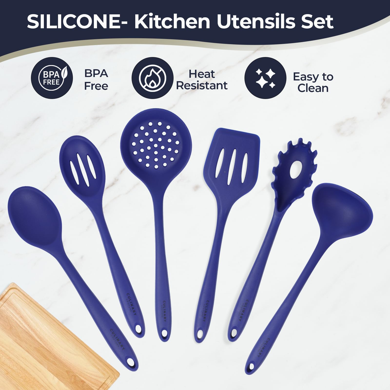 Culinary Couture blue pasta server for easy draining.