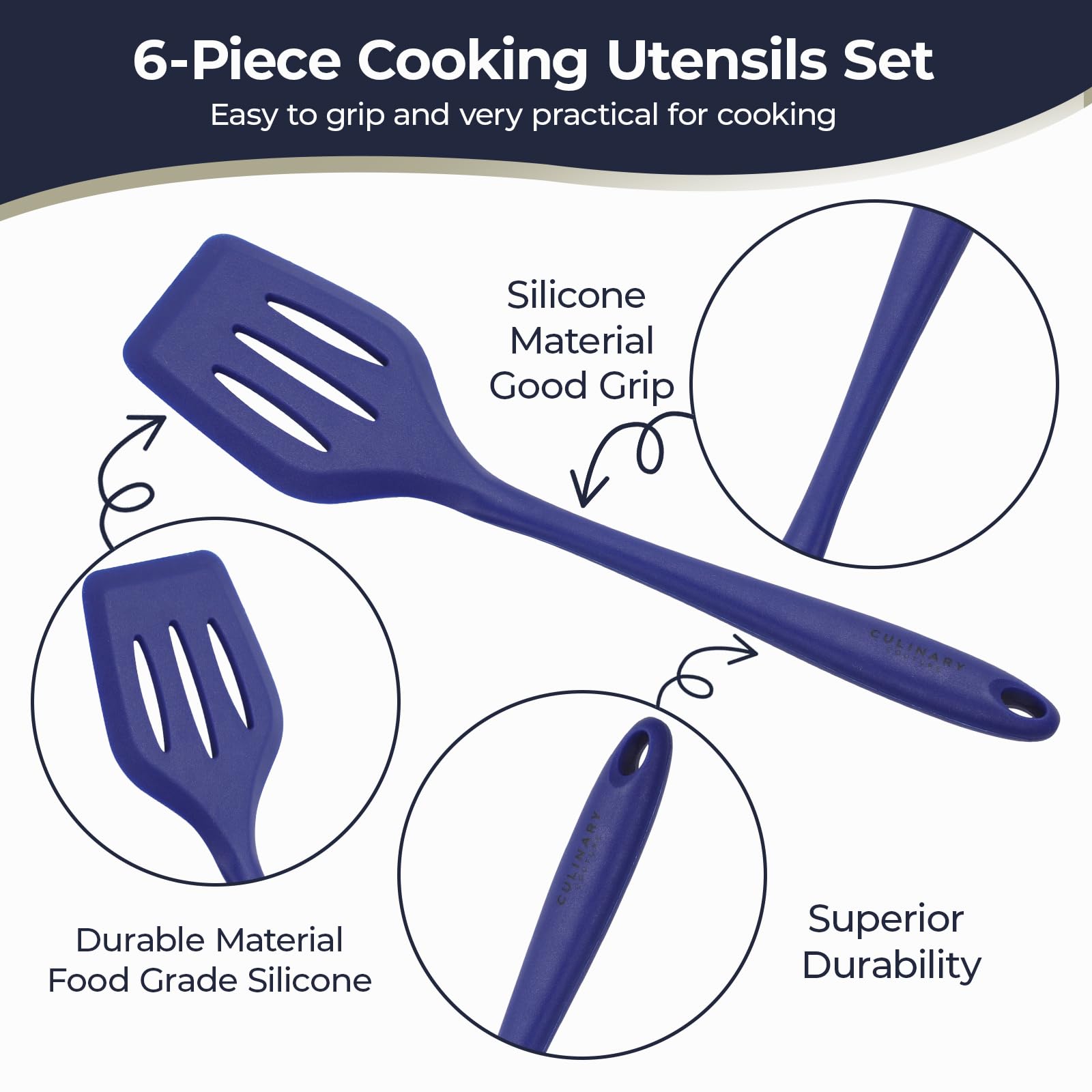 Culinary Couture blue silicone slotted spoon for nonstick cookware.
